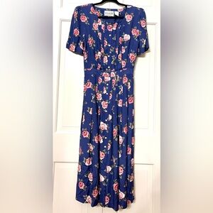 Vintage Plaza South Pleated Pearl Button Floral Dress Cottagecore Blue Pink Sz 6